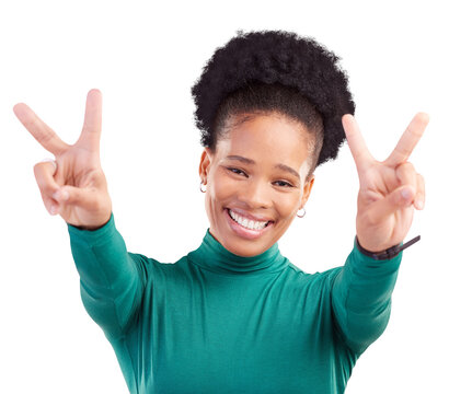 Happy, face and black woman with peace hands for thank you, vote or feedback on png transparent background. V, sign and portrait of person with good vibes, smile and freedom, support or self love