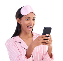 Phone, wow and woman with pajamas in studio isolated on a png transparent background browsing social media. Smartphone, person and surprised with happiness for internet post, web email or online chat