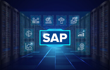 SAP Cloud Server System Software Automation - Enterprise Resource Planning (ERP) construction concept on virtual screen.