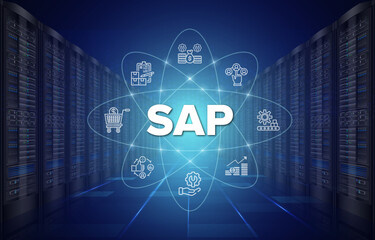 SAP Cloud Server System Software Automation - Enterprise Resource Planning (ERP) construction concept on virtual screen.