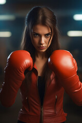 Poster - Woman in red jacket and boxing gloves posing for picture.