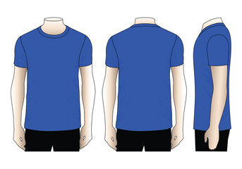 Wall Mural - Blank Blue Short Sleeve T-Shirt Template on White Background.Front, Back and Side View, Vector File.