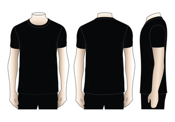 Blank Black Short Sleeve T-Shirt Template on White Background. Front, Back and Side Views, Vector File.