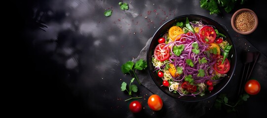 Healthy combination veggie salad in a bowl with herbs on dark background