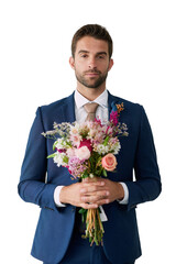 Sticker - Portrait, serious and man in suit with flowers at wedding celebration, valentines or luxury event. Floral bouquet, confident person or gift for birthday present isolated on transparent png background