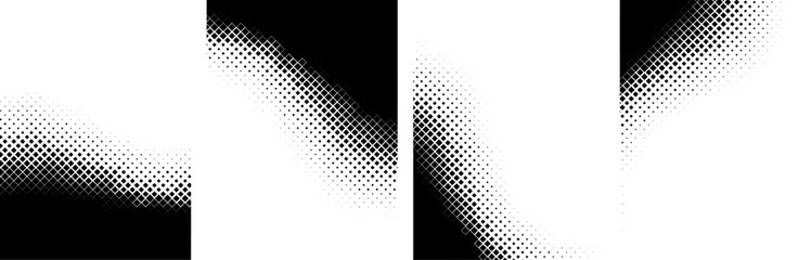 Set of black and white gradient halftone dots backgrounds with space for text.
