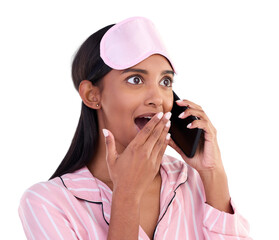 Sticker - Surprise, gossip and young woman on a phone call with wow, omg and wtf face expression for news. Shock, sleepover and girl on mobile conversation with cellphone isolated by transparent png background