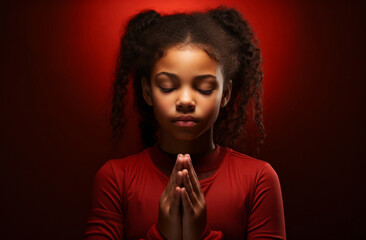 Wall Mural - African American child praying. Studio portrait. Red backdrop. Religion concept.