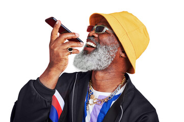 Poster - Phone call, smile and senior man with fashion, speaker and conversation isolated on a transparent background. African person, mature guy and model with a smartphone, stylish and png with connection