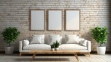 Fototapeta  - Mockup empty, blank poster frame, white poster frame, sitting on top of a modern sofa, modern style living room.