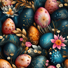 Poster - Colorful decorated Easter eggs , flat lay background, seamless 