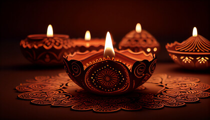 Wall Mural - Clay Diya lamps during Diwali festival of lights celebration. background, Ai generated image