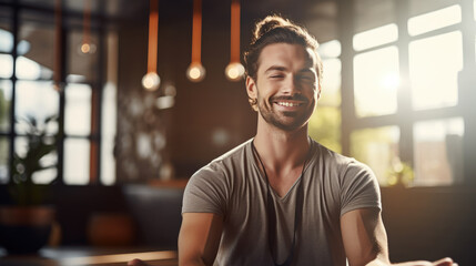 Wall Mural - Relaxed man practicing lotus pose in yoga, meditating and smiling