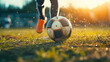 Extreme closeup scene of feet with a soccer ball across a grass field. Orange color palette.Cinematic perspective. Soccer scenes.