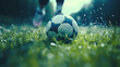 Extreme closeup scene of feet with a soccer ball across a grass field. Blue color palette. Cinematic perspective. Soccer scenes.
