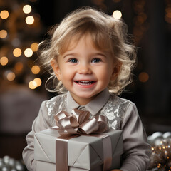 Sticker - happy baby with Christmas gift near Christmas tree