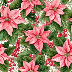 Wall Mural - Christmas red Poinsettia flowers seamless card