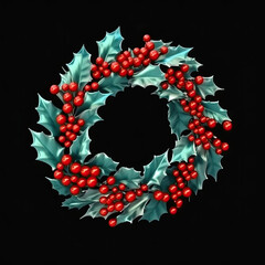 Canvas Print - Christmas  wreath  ilex holly red berries and green leaves on black background