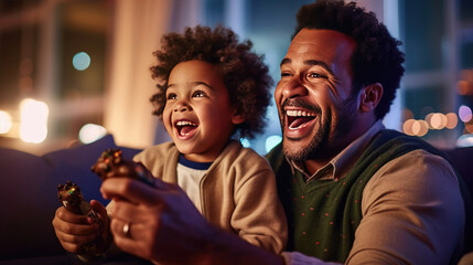 Father and son are playing video games together in a comfortable home