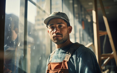 Candid shot of worker at work on construction site. Natural expression.