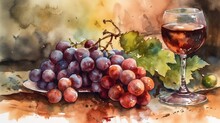 Watercolor Painting Still Life Glass Of Wine And Bunches Of Grapes