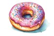 watercolor illustration of donut with pink glaze on white background