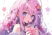 Cute Anime Girl With Purple Hair Drinking Strawberry Milkshake