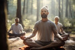 © pangamedia - A group of adult happy man is meditating relaxed and mindfull with a yoga mat in a beautiful forest on a sunny day
