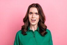 Portrait Of Furious Impressed Lady Sullen Questioned Face Unbelievable Reaction Isolated On Pink Color Background