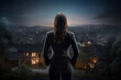A caucasian entrepreneur or business woman are standing seen from the back with a modern suit with a suburban neighborhood in the beautiful background ; career concept and a business background at nig