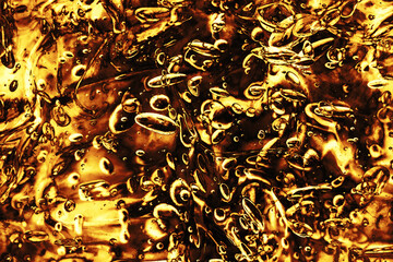 Wall Mural - Yellow water gel background. Abstract round bubble shapes fizzy liquid pattern. Water fluid yellow texture. Dark yellow and back structure. Abstract fluid jelly background.	Beer golden color.
