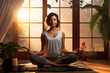 © pangamedia - A Latin beautiful young and healthy woman is meditating relaxed with a yoga mat in a living tranquil room at sunrise