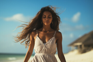 A young and beautiful latin woman is walking on the sand with a dress on a tropical beach with a calm ocean - summer weather beach walk relaxing