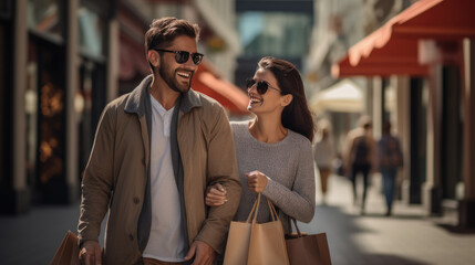 Wall Mural - Young couple is walking down the street with bags while shopping