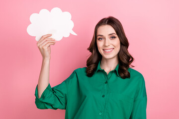 Sticker - Photo of excited dreamy lady wear green shirt holding mind cloud empty space isolated pink color background