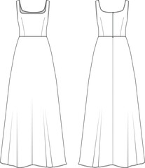 sleeveless squared neck strappy strapped darted zippered flared a line maxi long dress flat drawing technical drawing flat sketch