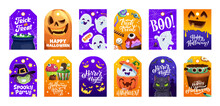Halloween Holiday Gift Tags With Pumpkins, Monsters And Ghosts, Cartoon Vector. Happy Halloween And Trick Or Treat Party Tags With Spooky Candy And Scary Sweets Of Skeleton Skull And Witch Potion