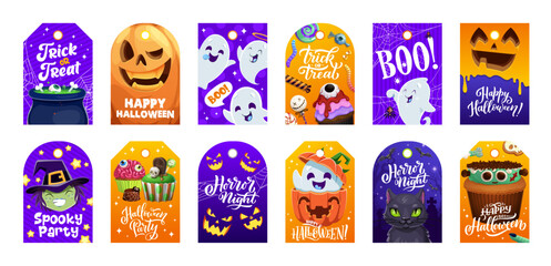 Halloween holiday gift tags with pumpkins, monsters and ghosts, cartoon vector. Happy Halloween and trick or treat party tags with spooky candy and scary sweets of skeleton skull and witch potion