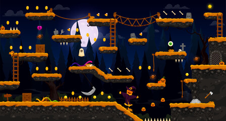 Arcade Halloween midnight horror game level map interface. Platform, stairs and coins, bonuses. Vector eerie night cartoon parallax background with spooky ghosts, moon, forest tree silhouette, assets