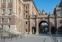 Stockholm Sweden, Riksdagshuset Or Parliament House, Riksdag. Arched Historic Gate In Gamla Stan.