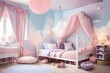 a whimsical kids' room inspired by fairy tales, with a color scheme of soft pastel pinks, lavender, and dreamy sky blue. 