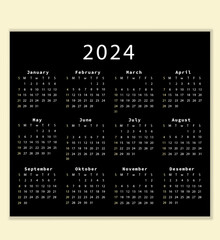 minimal simple calendar for 2024 with black background