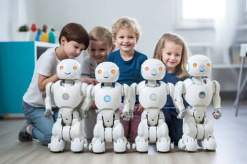 Wall Mural - Group of young children with artificial intelligence android robots. 