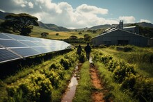 Farmer Couple Walking On Their Farm With Solar Panels, Sustainable Farm, Caring For The Environment