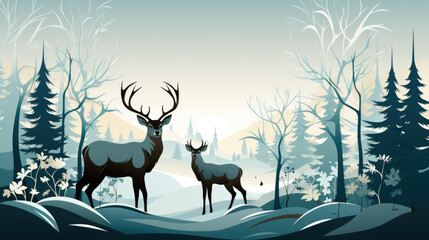 Wall Mural - Winter forest background with deer and trees, AI