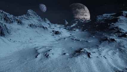 Wall Mural - Alien planet dramatic landscape dolly camera movement 3D render.