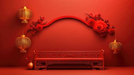 Wall Mural - Inside the red colored Chinese hall and palace background for Chinese new year festival decoration.