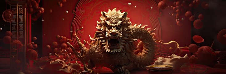 Wall Mural - Golden Chinese dragon decoration on red background.