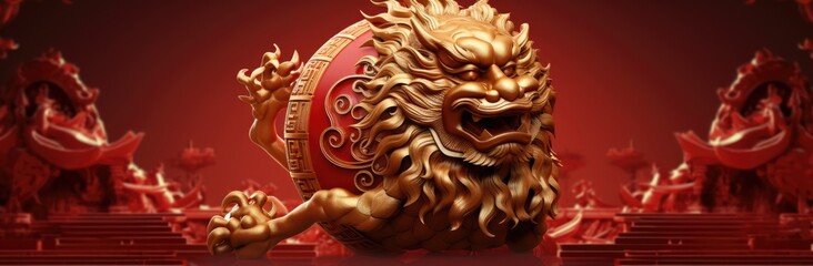 Wall Mural - Golden Chinese dragon decoration on red background.