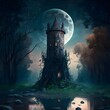 gothic fantasy old stone tower in the middle of a rotting forest in the swamps on top of the tower a copper telescope looking at the moon 